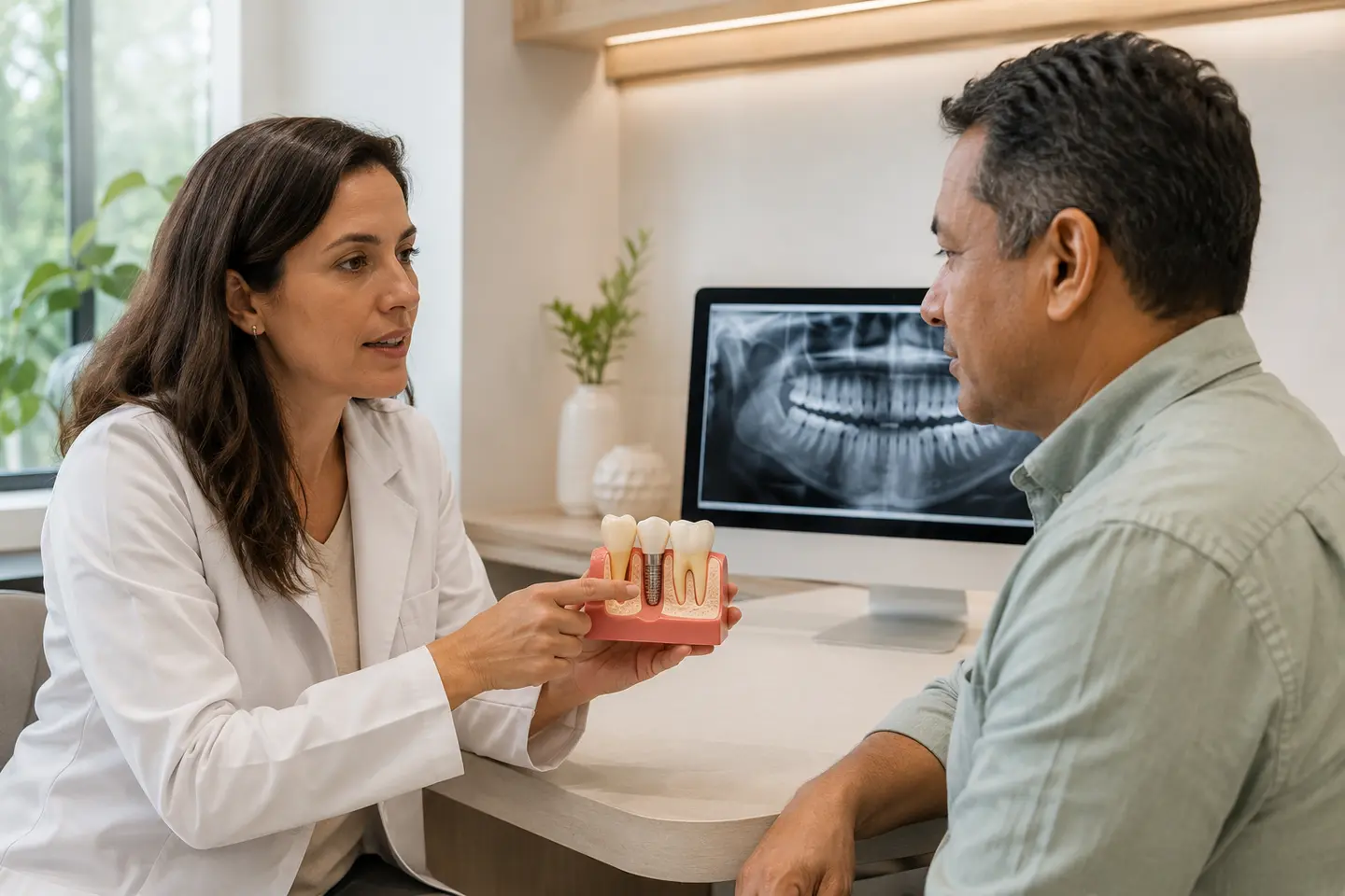 Dentista explicando um modelo de implante dentário a um paciente