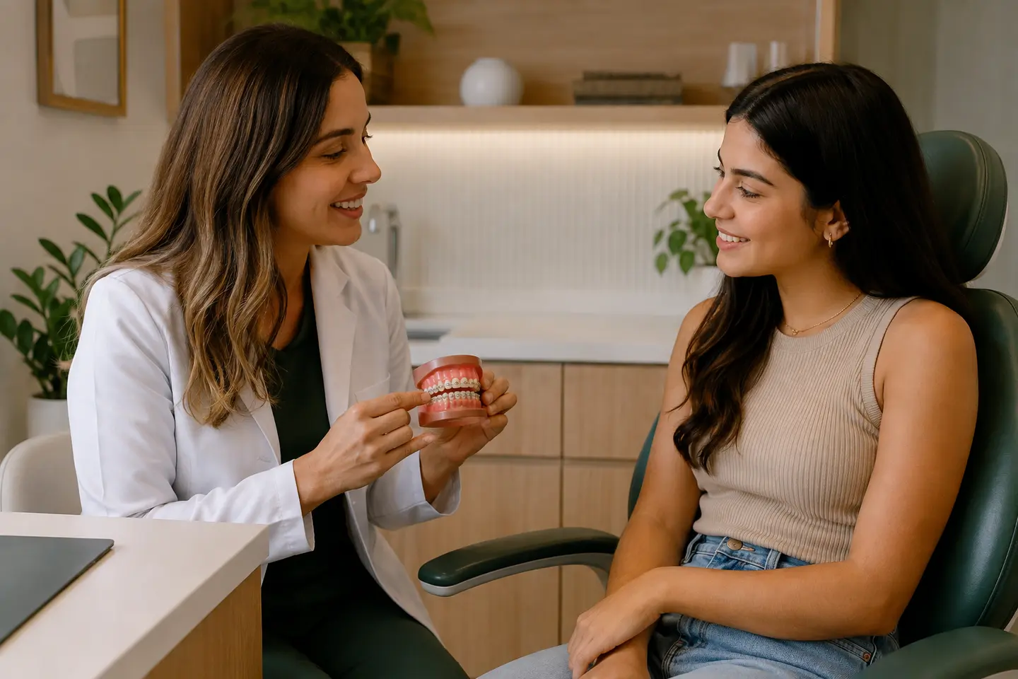 Dentista apresentando um modelo ortodôntico a uma paciente