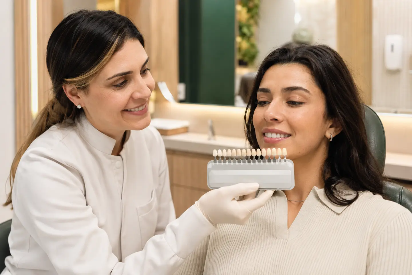 Dentista e paciente avaliando uma escala de tonalidades dentárias